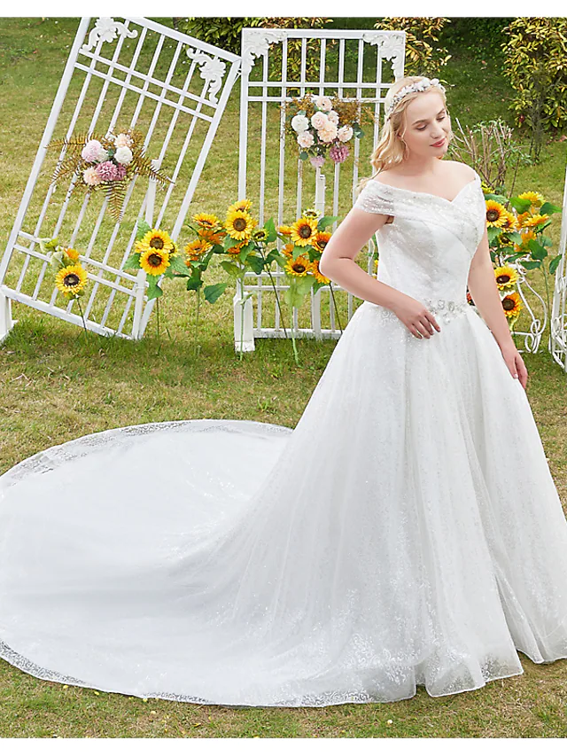 Prinzessinnen-Ballkleid, Brautkleider, schulterfrei, Kathedralenschleppe, Spitze, Tüll, ärmellos, formell, romantisch, luxuriös, funkelnd und glänzend, Übergröße, mit Perlenbesatz und Pailletten